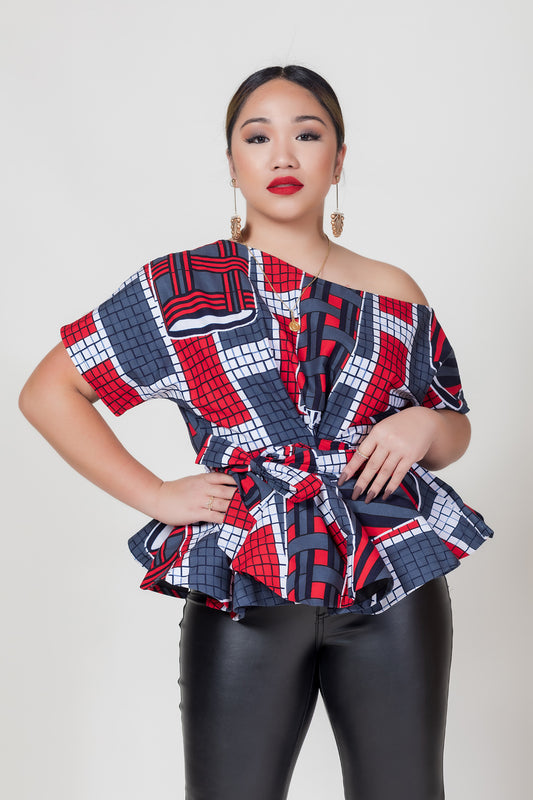 Tope Print One-Shoulder Peplum Top